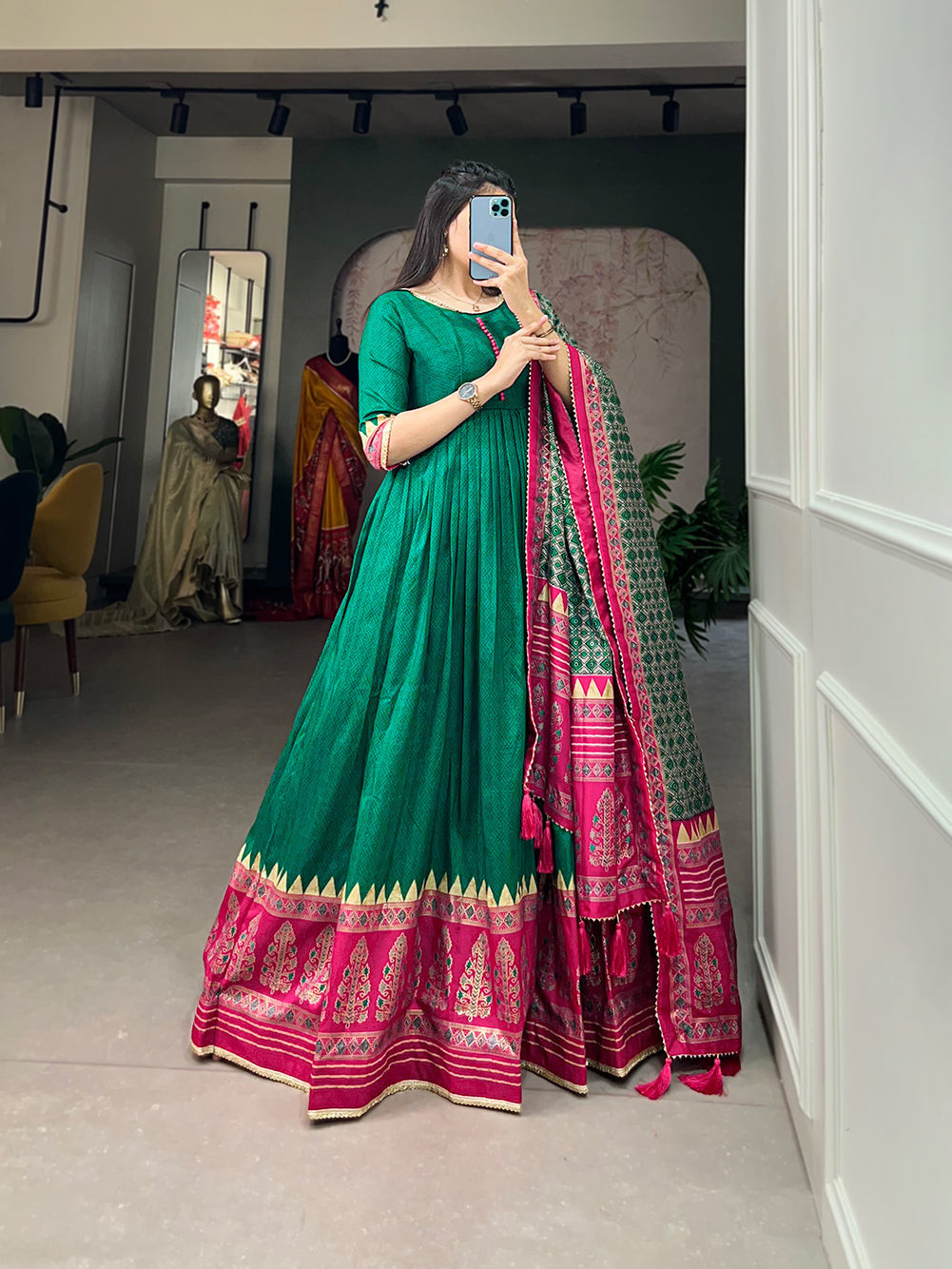 Lorenvalley Green Tussar Silk Print With Foil Print Gown with Dupatta | Grocsy