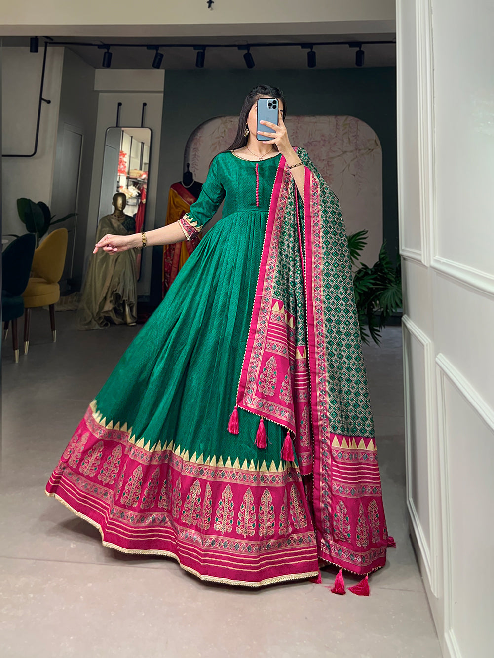 Lorenvalley Green Tussar Silk Print With Foil Print Gown with Dupatta | Grocsy