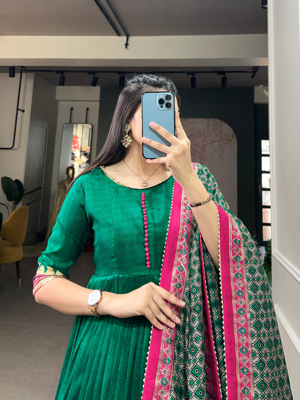 Lorenvalley Green Tussar Silk Print With Foil Print Gown with Dupatta | Grocsy