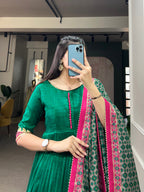 Lorenvalley Green Tussar Silk Print With Foil Print Gown with Dupatta | Grocsy