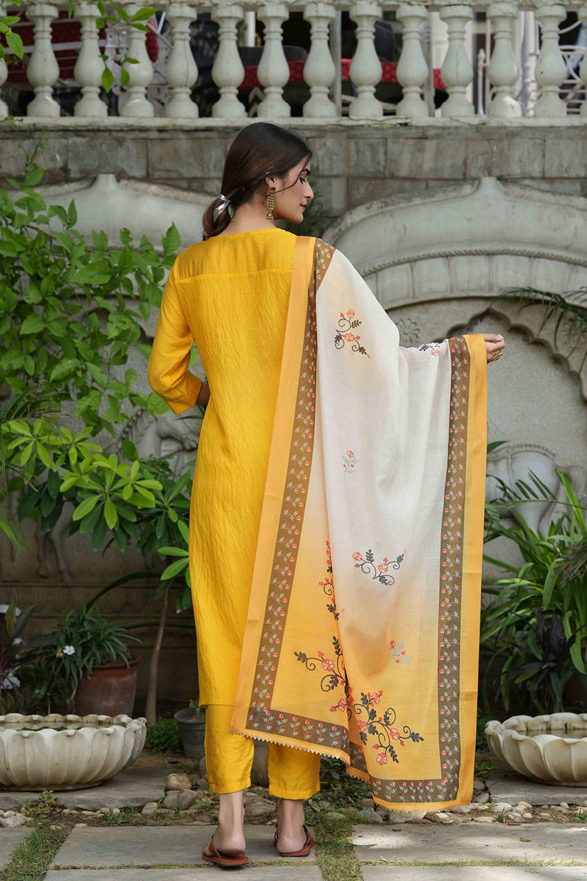 Juniper Women's Yellow Mono Viscose Straight Embroidered Kurta Sets | Grocsy