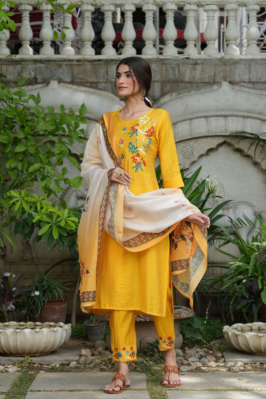 Juniper Women's Yellow Mono Viscose Straight Embroidered Kurta Sets | Grocsy