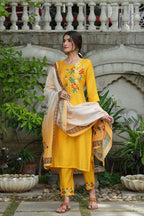 Juniper Women's Yellow Mono Viscose Straight Embroidered Kurta Sets | Grocsy