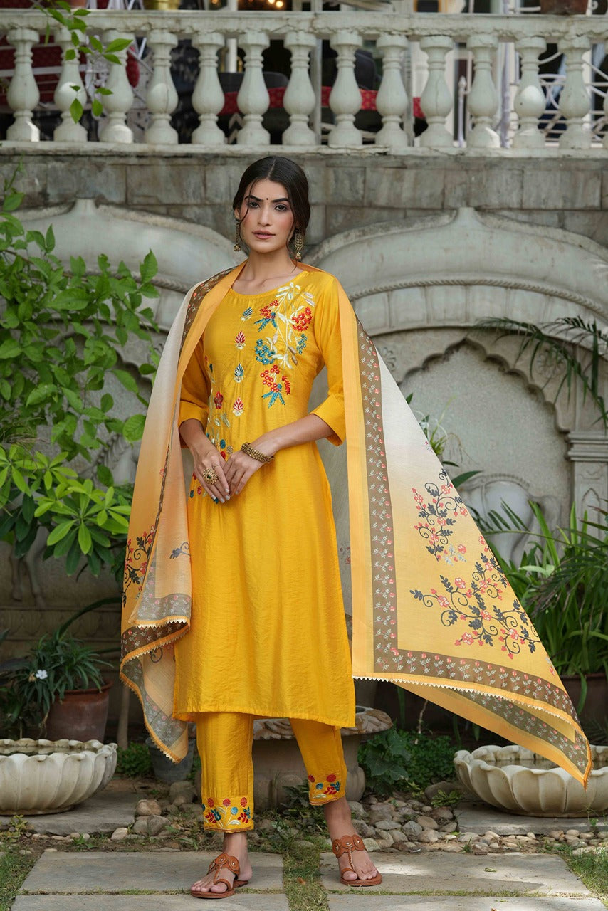Juniper Women's Yellow Mono Viscose Straight Embroidered Kurta Sets | Grocsy