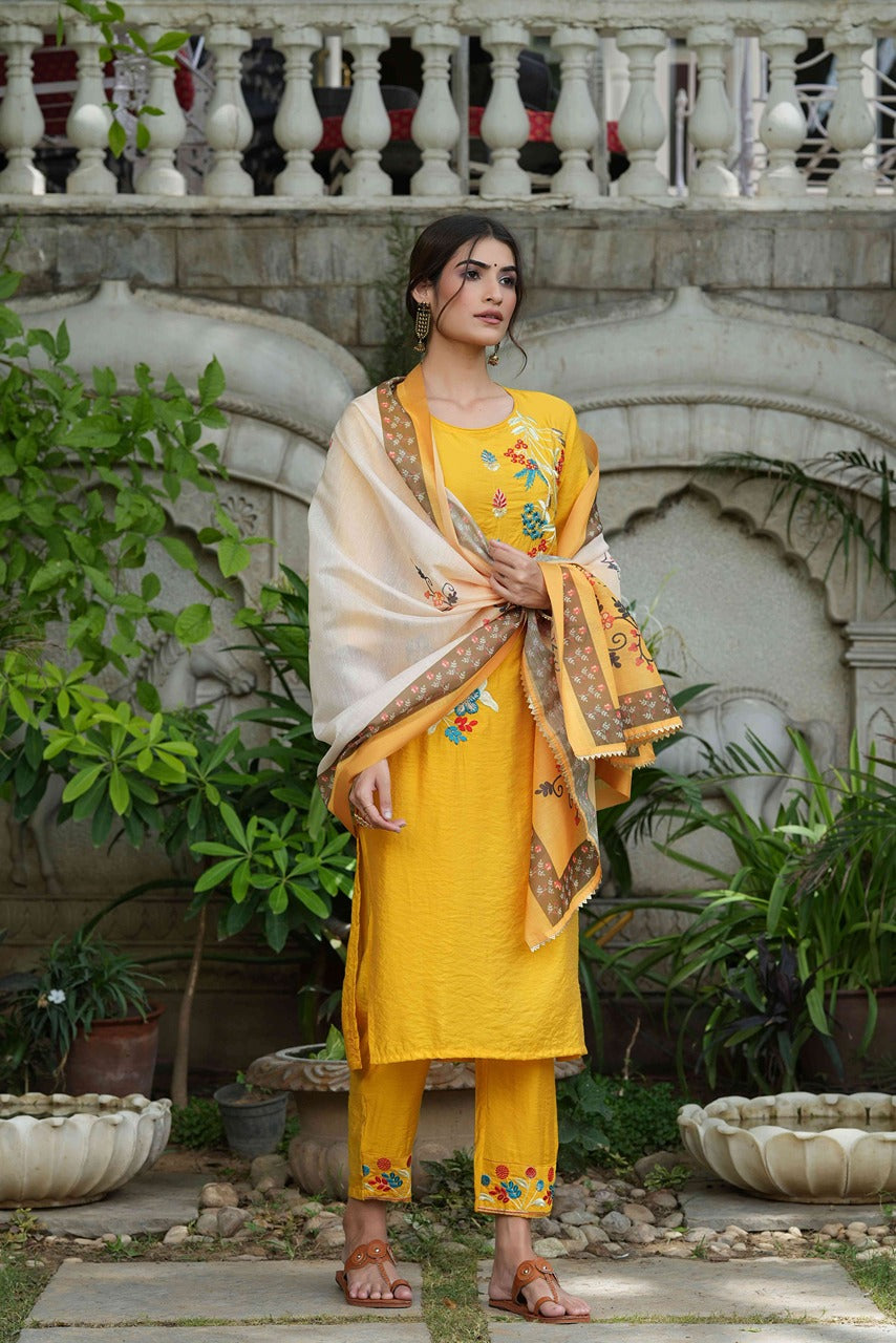 Juniper Women's Yellow Mono Viscose Straight Embroidered Kurta Sets | Grocsy