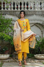 Juniper Women's Yellow Mono Viscose Straight Embroidered Kurta Sets | Grocsy