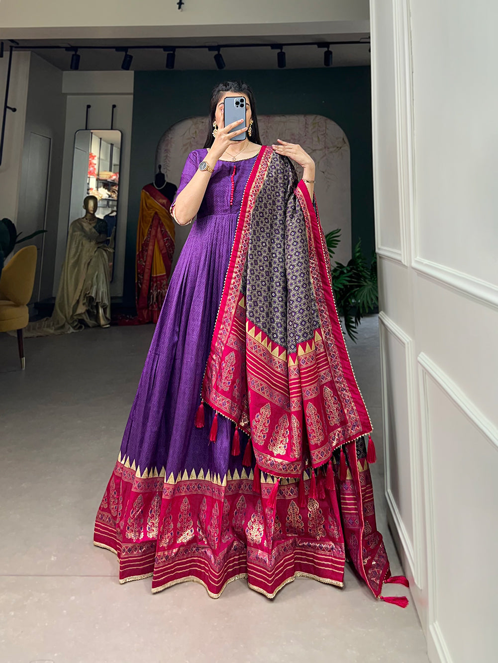 Lorenvalley Purple Tussar Silk Print With Foil Print Gown with Dupatta | Grocsy
