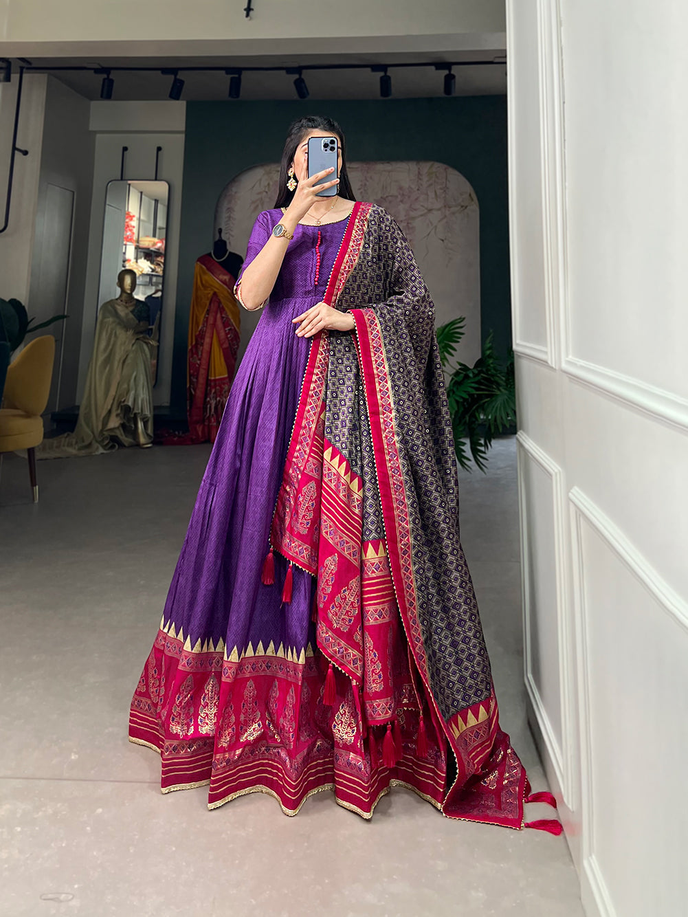 Lorenvalley Purple Tussar Silk Print With Foil Print Gown with Dupatta | Grocsy