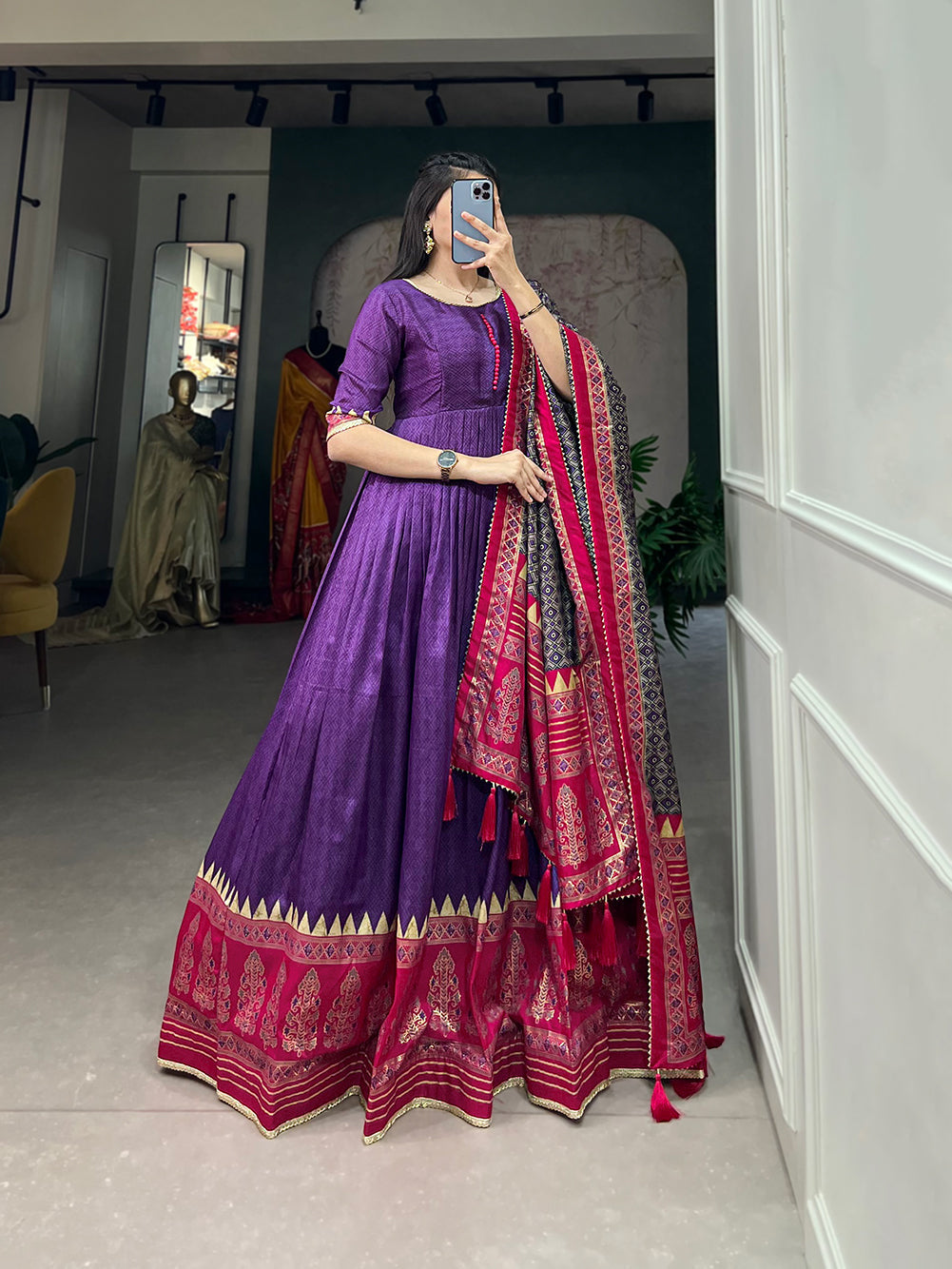 Lorenvalley Purple Tussar Silk Print With Foil Print Gown with Dupatta | Grocsy