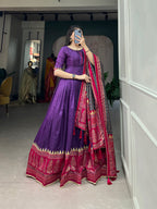 Lorenvalley Purple Tussar Silk Print With Foil Print Gown with Dupatta | Grocsy