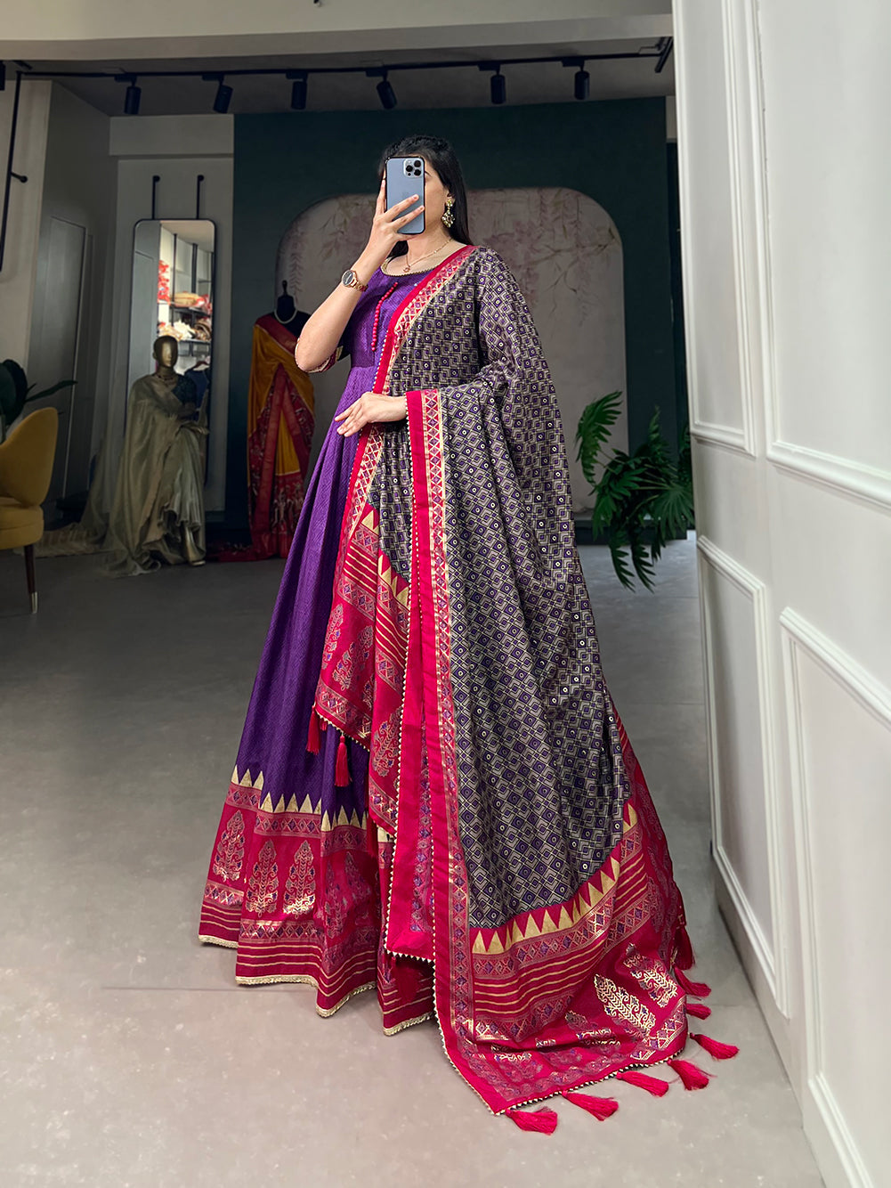 Lorenvalley Purple Tussar Silk Print With Foil Print Gown with Dupatta | Grocsy