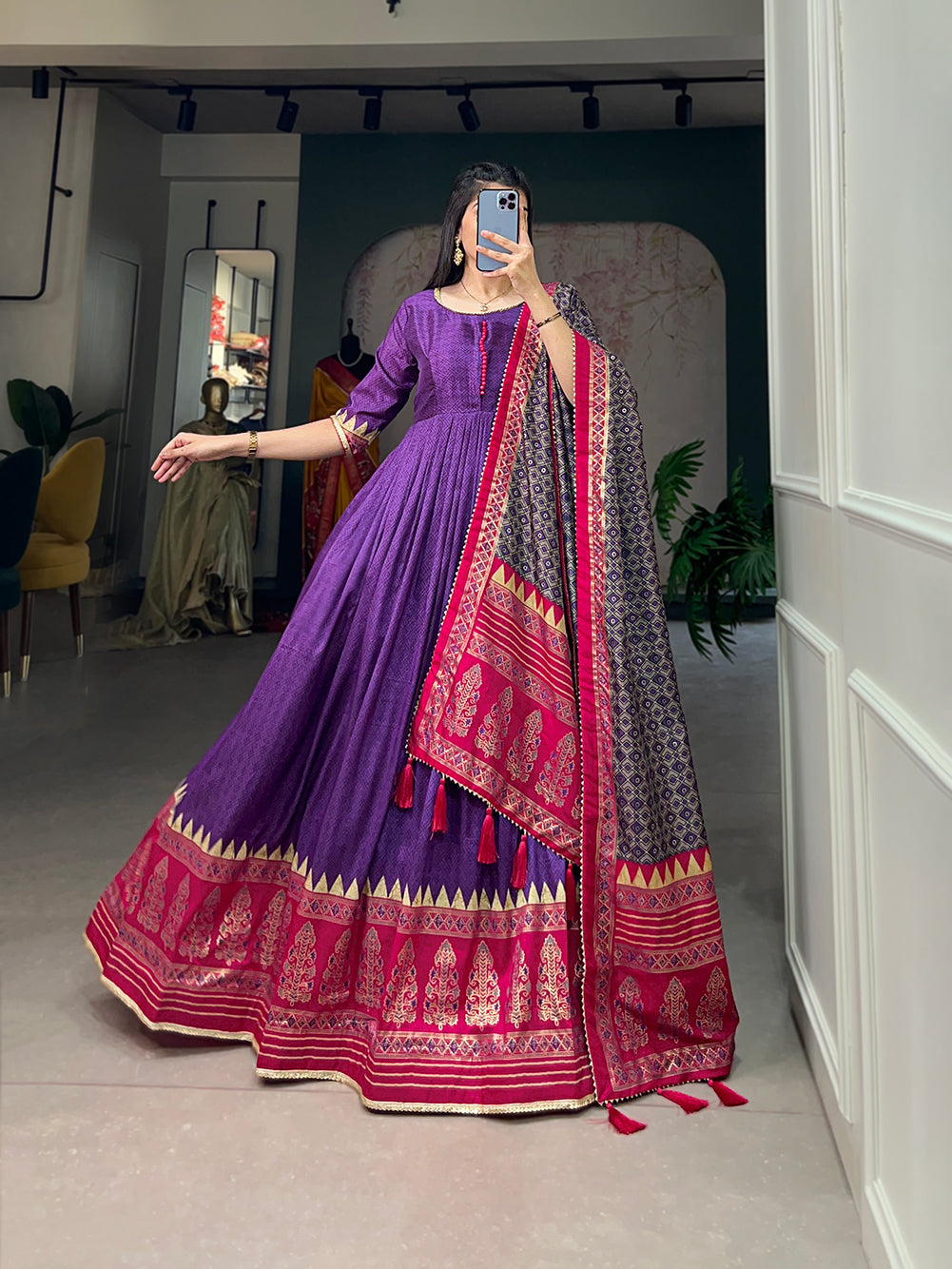 Lorenvalley Purple Tussar Silk Print With Foil Print Gown with Dupatta | Grocsy