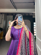 Lorenvalley Purple Tussar Silk Print With Foil Print Gown with Dupatta | Grocsy