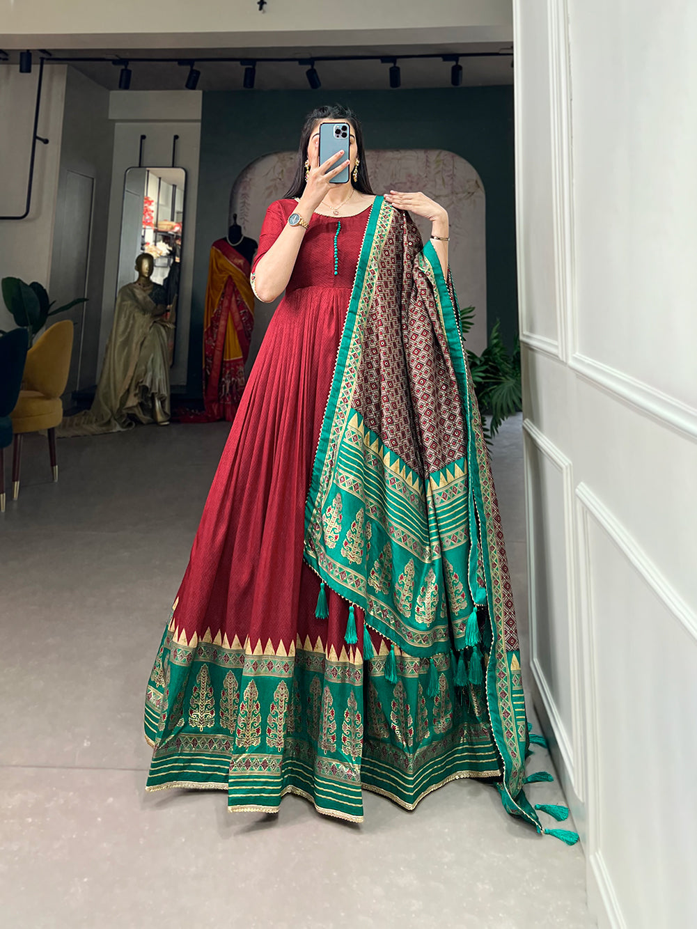 Lorenvalley Red Tussar Silk Print With Foil Print Gown with Dupatta | Grocsy