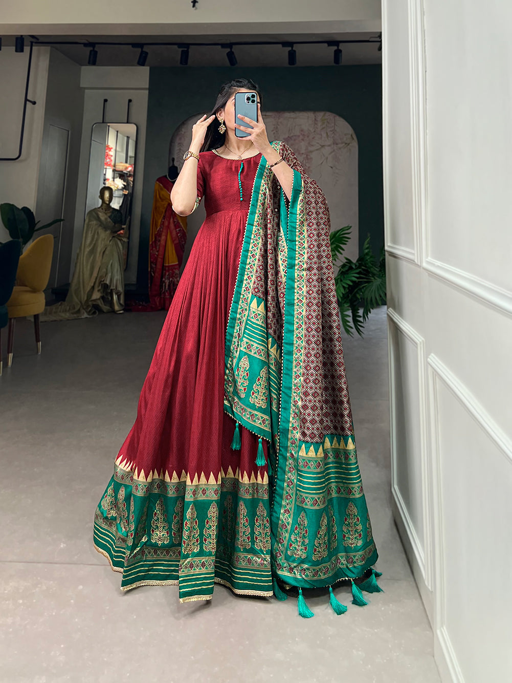 Lorenvalley Red Tussar Silk Print With Foil Print Gown with Dupatta | Grocsy