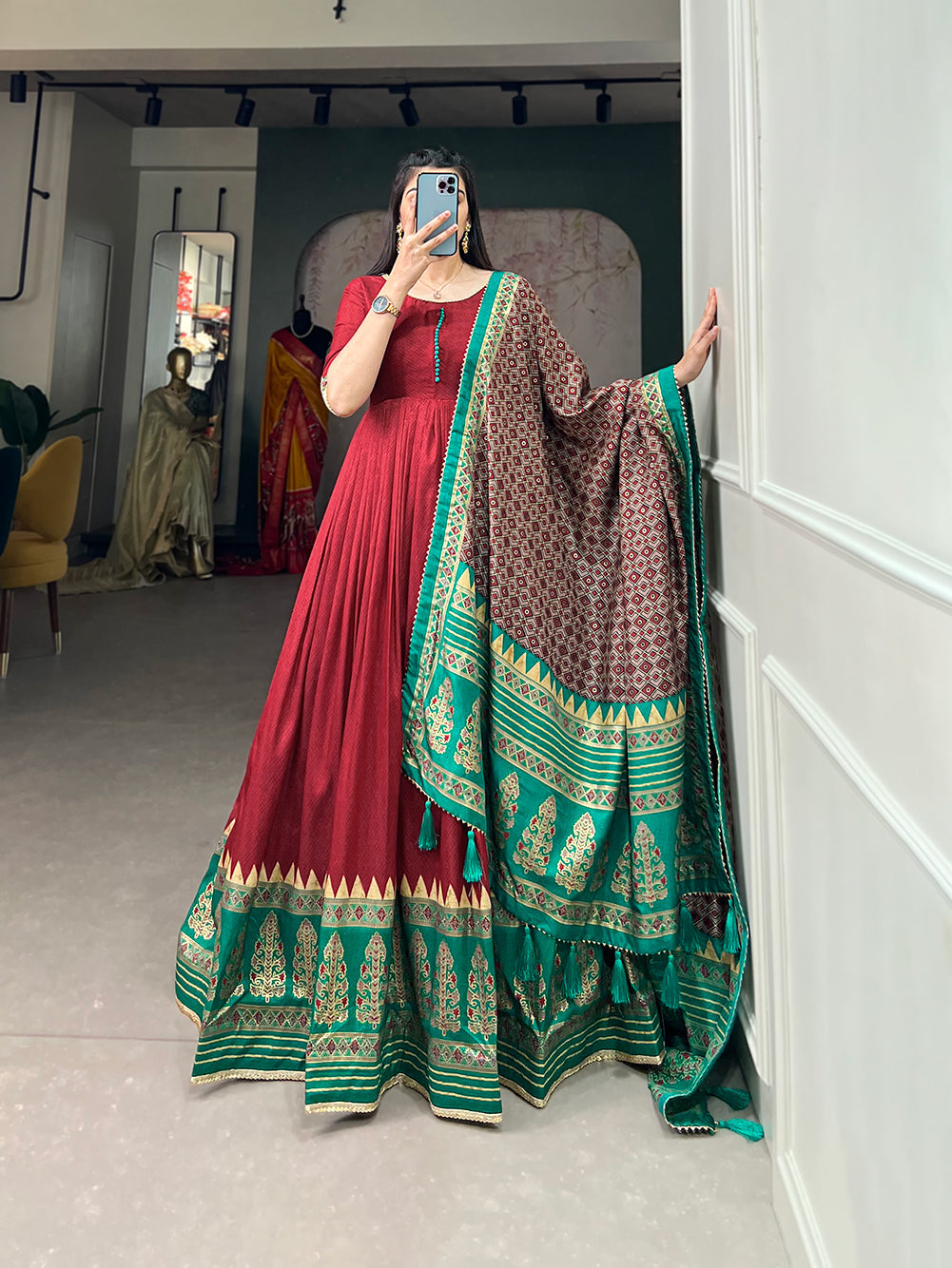 Lorenvalley Red Tussar Silk Print With Foil Print Gown with Dupatta | Grocsy