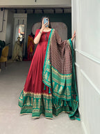 Lorenvalley Red Tussar Silk Print With Foil Print Gown with Dupatta | Grocsy