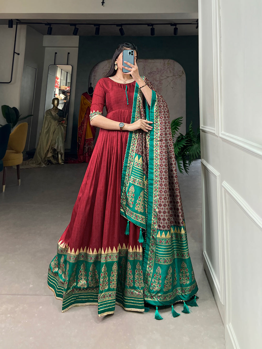 Lorenvalley Red Tussar Silk Print With Foil Print Gown with Dupatta | Grocsy