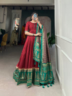 Lorenvalley Red Tussar Silk Print With Foil Print Gown with Dupatta | Grocsy
