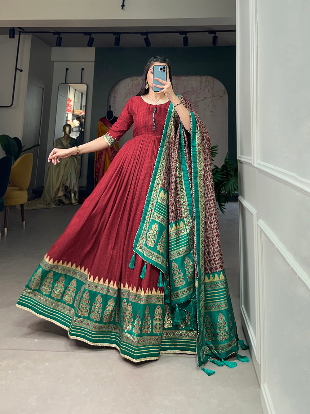 Lorenvalley Red Tussar Silk Print With Foil Print Gown with Dupatta | Grocsy