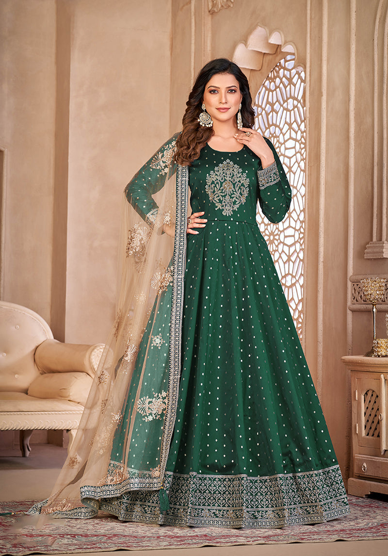 Monjolika Fashion Dark Green Color Embroidered Taffeta Silk Anarkali Suit | Grocsy
