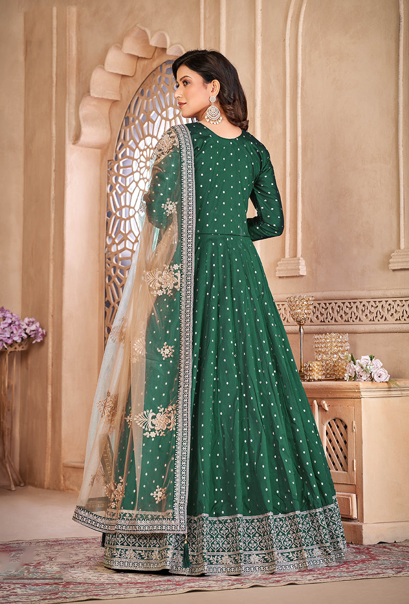 Monjolika Fashion Dark Green Color Embroidered Taffeta Silk Anarkali Suit | Grocsy