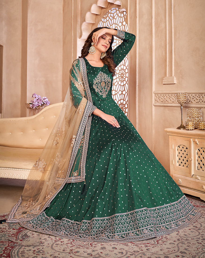 Monjolika Fashion Dark Green Color Embroidered Taffeta Silk Anarkali Suit | Grocsy