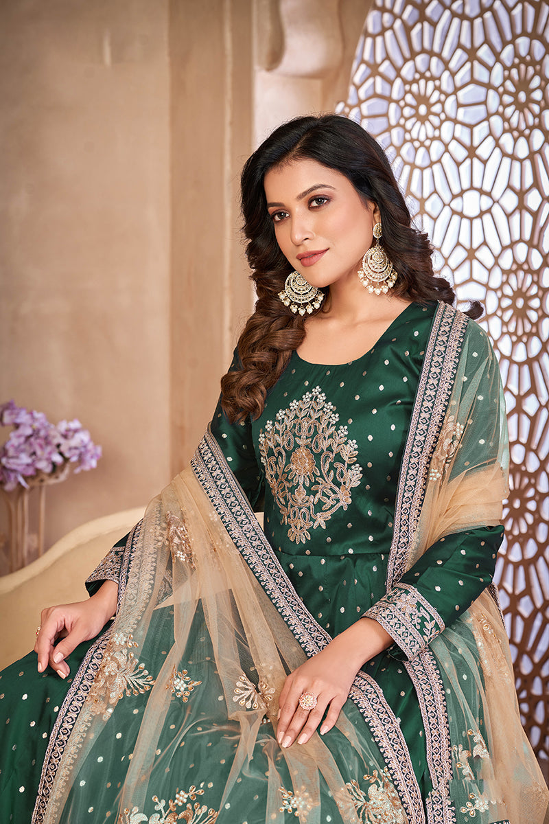 Monjolika Fashion Dark Green Color Embroidered Taffeta Silk Anarkali Suit | Grocsy