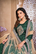 Monjolika Fashion Dark Green Color Embroidered Taffeta Silk Anarkali Suit | Grocsy