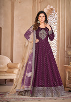 Monjolika Fashion Purple Color Embroidered Taffeta Silk Anarkali Suit | Grocsy