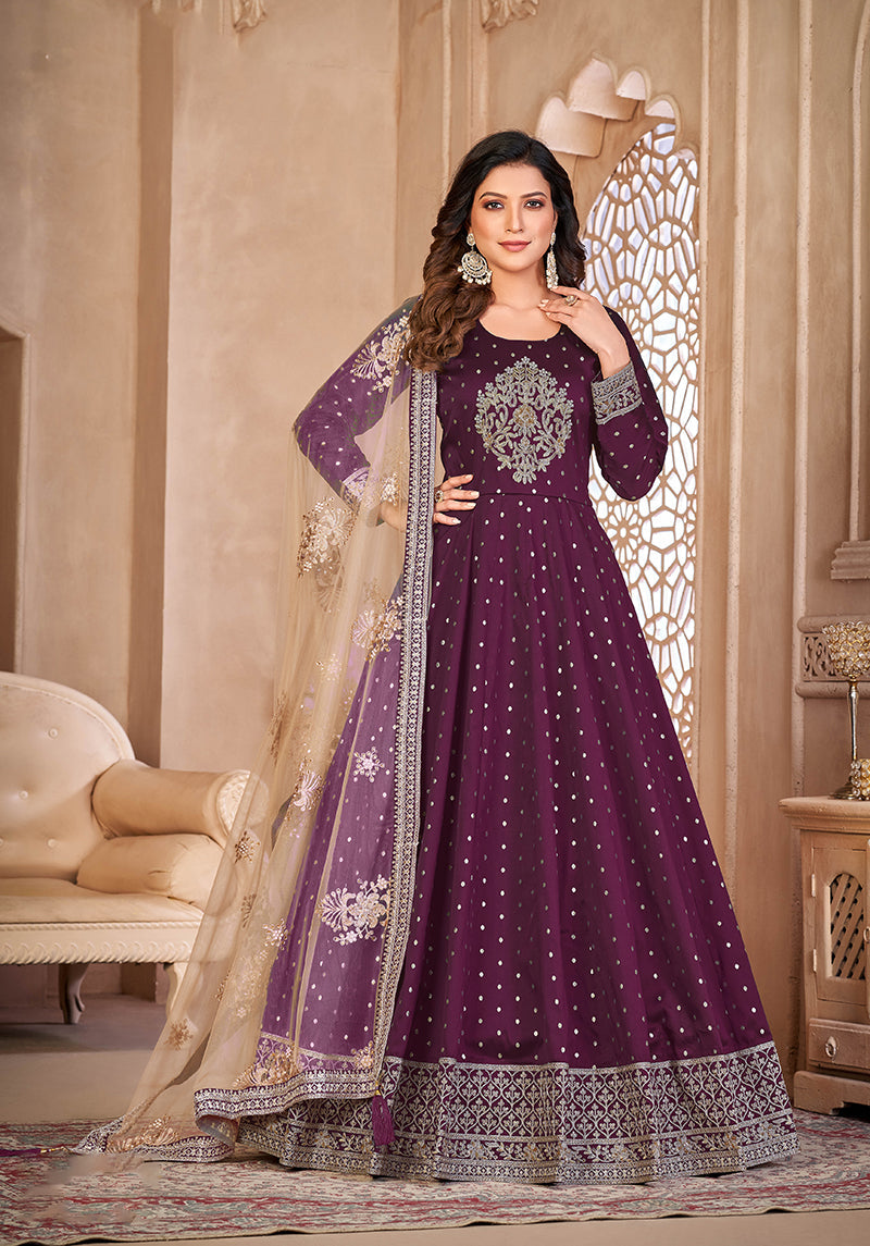 Monjolika Fashion Purple Color Embroidered Taffeta Silk Anarkali Suit | Grocsy