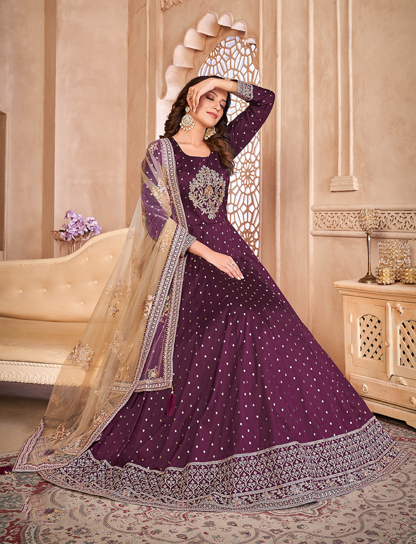 Monjolika Fashion Purple Color Embroidered Taffeta Silk Anarkali Suit | Grocsy
