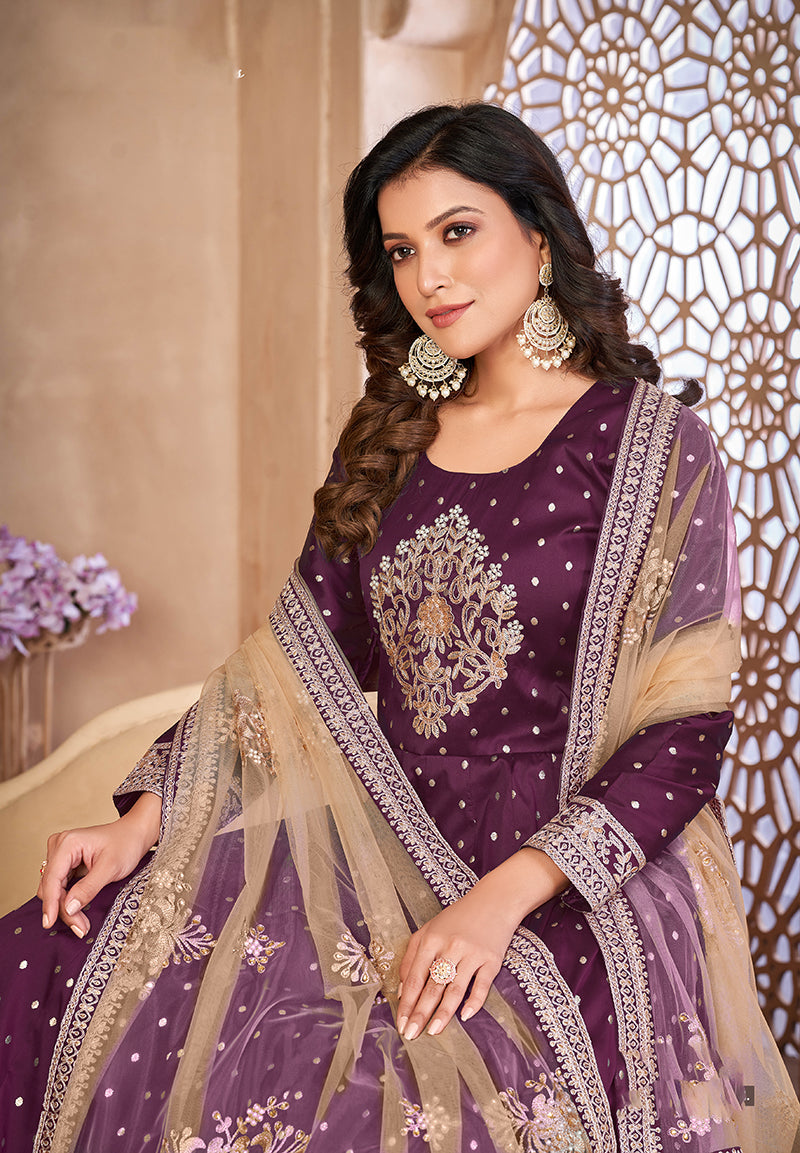 Monjolika Fashion Purple Color Embroidered Taffeta Silk Anarkali Suit | Grocsy