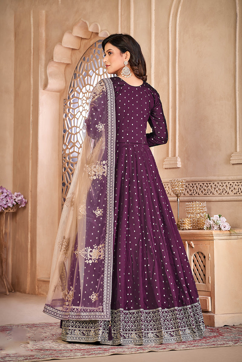 Monjolika Fashion Purple Color Embroidered Taffeta Silk Anarkali Suit | Grocsy