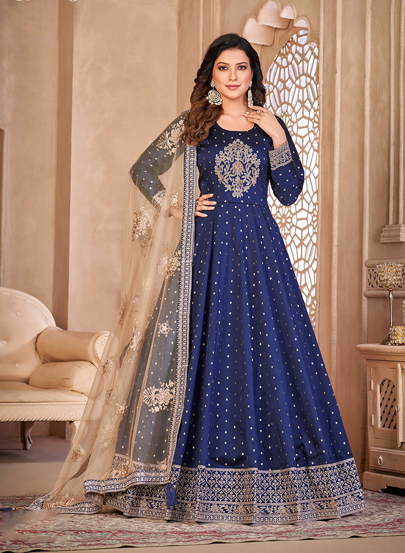 Monjolika Fashion Navy Blue Color Embroidered Taffeta Silk Anarkali Suit | Grocsy