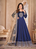 Monjolika Fashion Navy Blue Color Embroidered Taffeta Silk Anarkali Suit | Grocsy