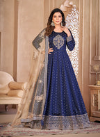 Monjolika Fashion Navy Blue Color Embroidered Taffeta Silk Anarkali Suit | Grocsy