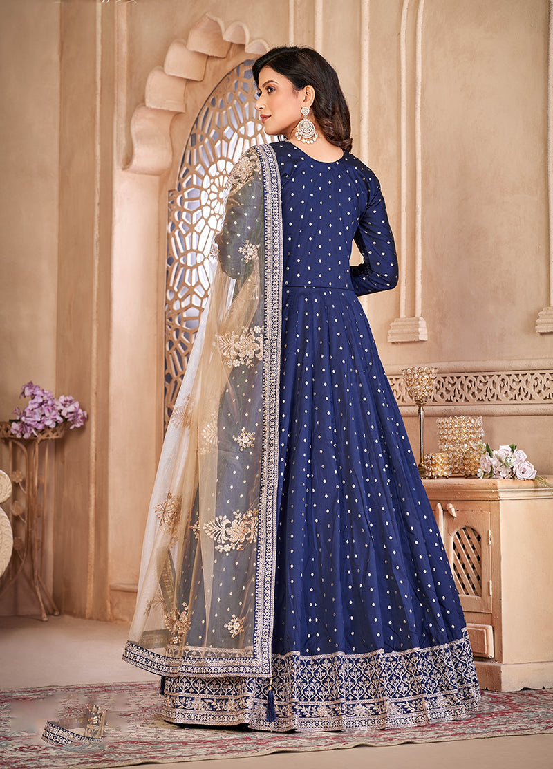 Monjolika Fashion Navy Blue Color Embroidered Taffeta Silk Anarkali Suit | Grocsy