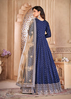 Monjolika Fashion Navy Blue Color Embroidered Taffeta Silk Anarkali Suit | Grocsy