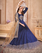 Monjolika Fashion Navy Blue Color Embroidered Taffeta Silk Anarkali Suit | Grocsy