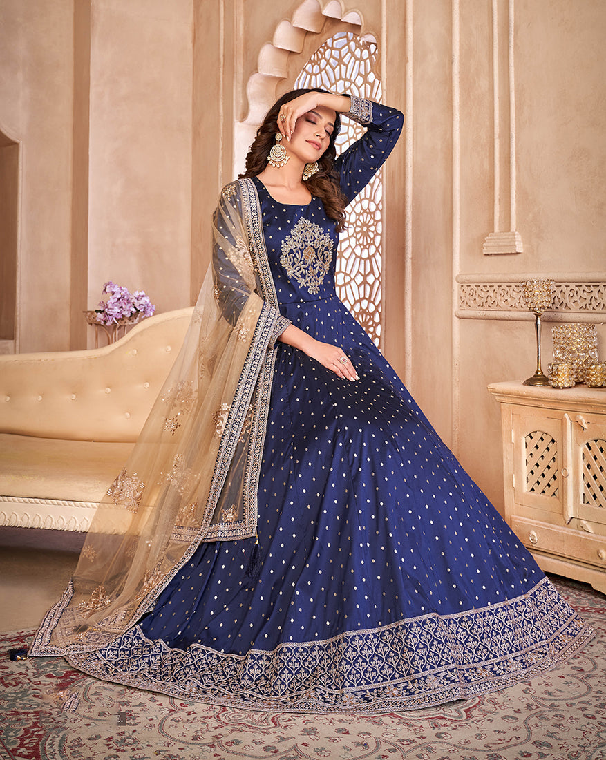 Monjolika Fashion Navy Blue Color Embroidered Taffeta Silk Anarkali Suit | Grocsy