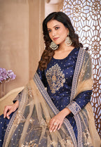 Monjolika Fashion Navy Blue Color Embroidered Taffeta Silk Anarkali Suit | Grocsy