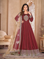 Monjolika Fashion Maroon Color Embroidered Taffeta Silk Anarkali Suit | Grocsy