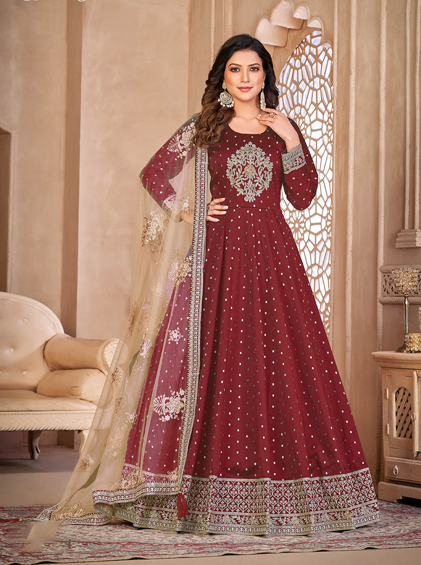 Monjolika Fashion Maroon Color Embroidered Taffeta Silk Anarkali Suit | Grocsy