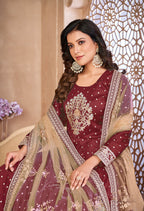 Monjolika Fashion Maroon Color Embroidered Taffeta Silk Anarkali Suit | Grocsy