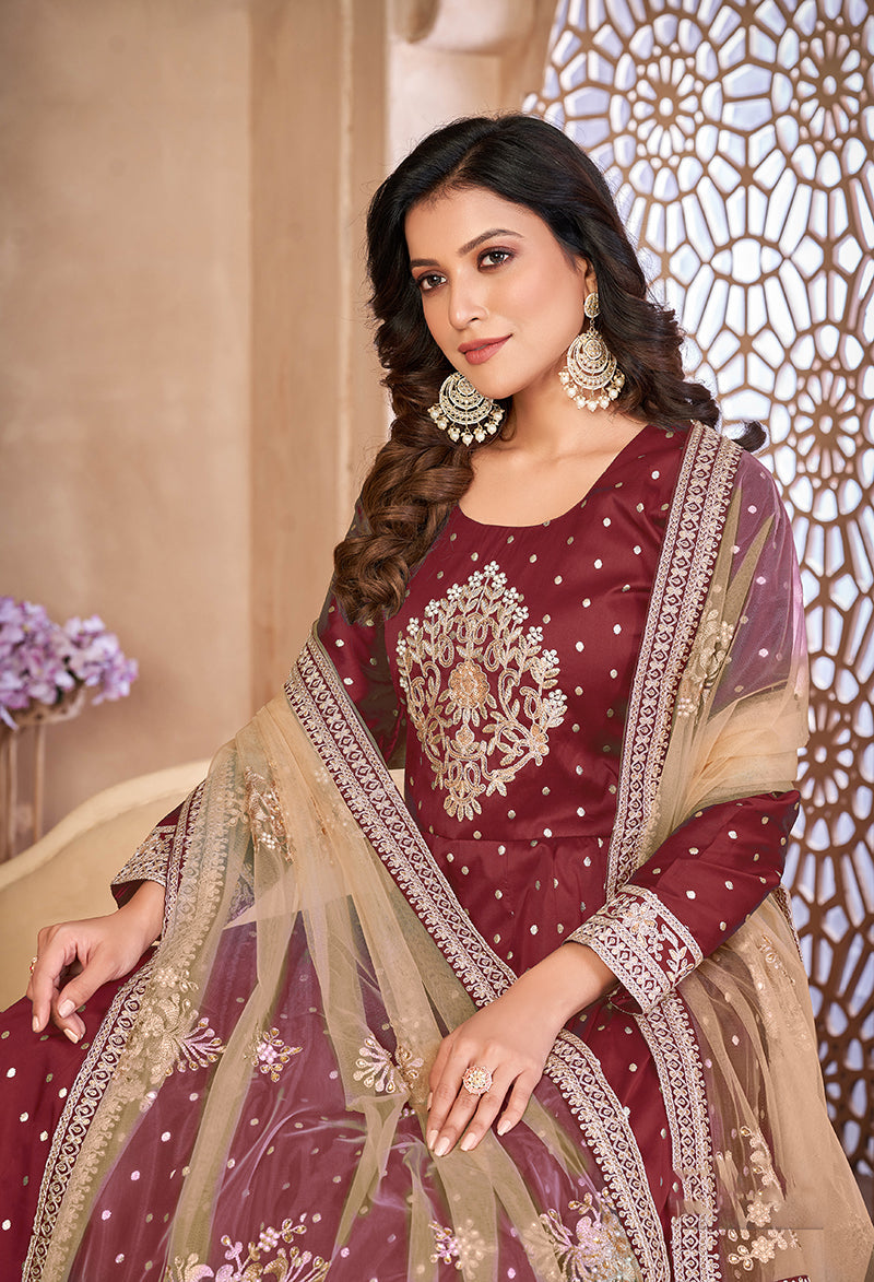 Monjolika Fashion Maroon Color Embroidered Taffeta Silk Anarkali Suit | Grocsy