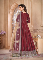 Monjolika Fashion Maroon Color Embroidered Taffeta Silk Anarkali Suit | Grocsy