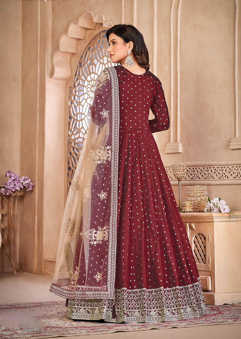 Monjolika Fashion Maroon Color Embroidered Taffeta Silk Anarkali Suit | Grocsy