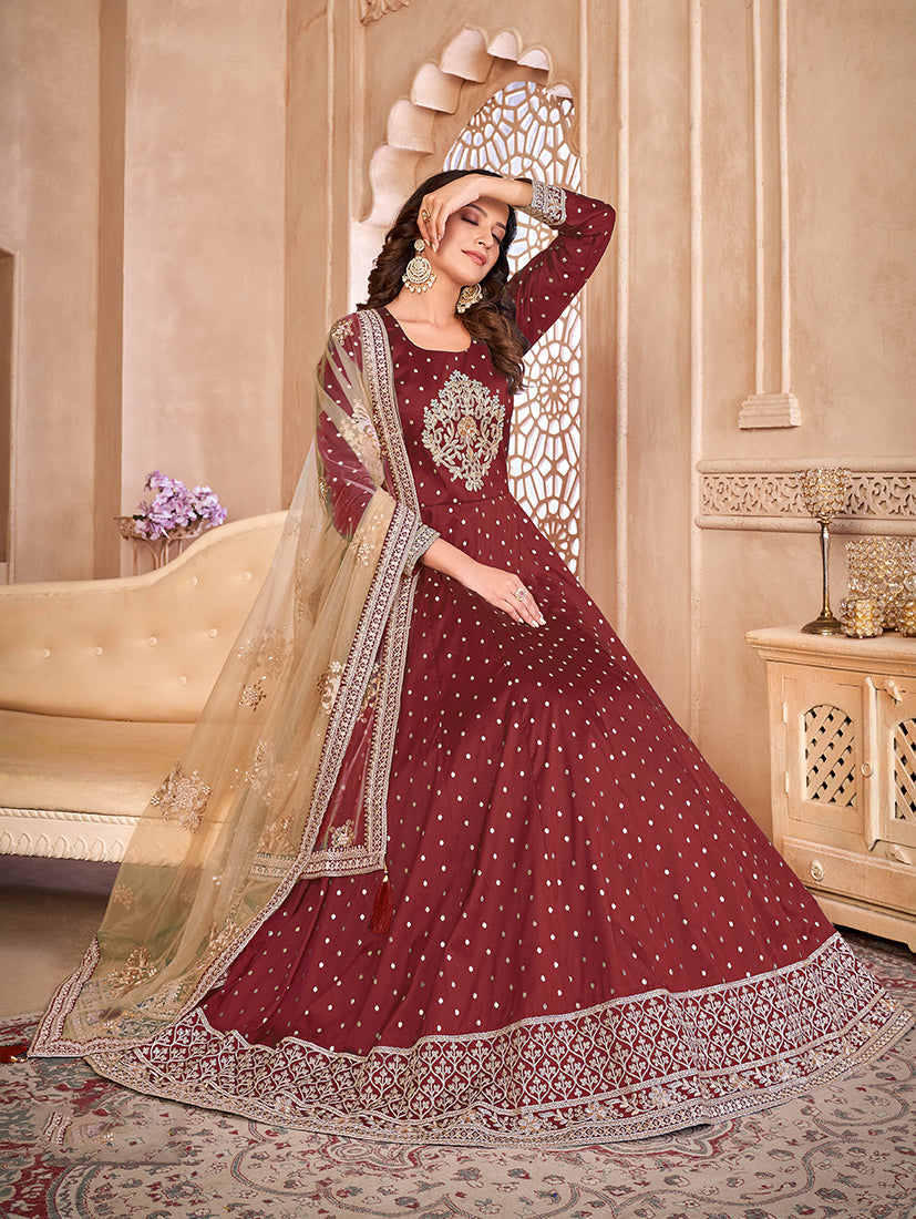 Monjolika Fashion Maroon Color Embroidered Taffeta Silk Anarkali Suit | Grocsy