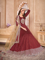 Monjolika Fashion Maroon Color Embroidered Taffeta Silk Anarkali Suit | Grocsy